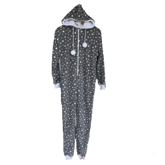 Frankie & Johnny XS Hooded Fleece Non-Footed Onesie Pajama Gray White Star - Picture 3 of 4